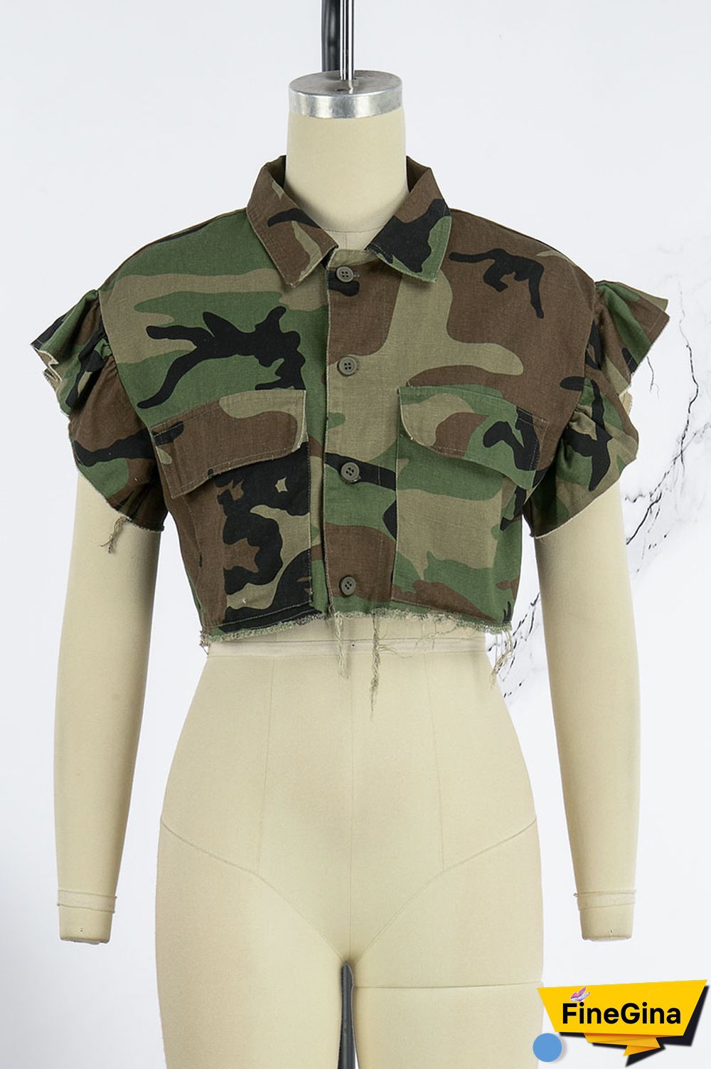 Camouflage Street Camouflage Print Patchwork Buckle Turndown Collar Tops