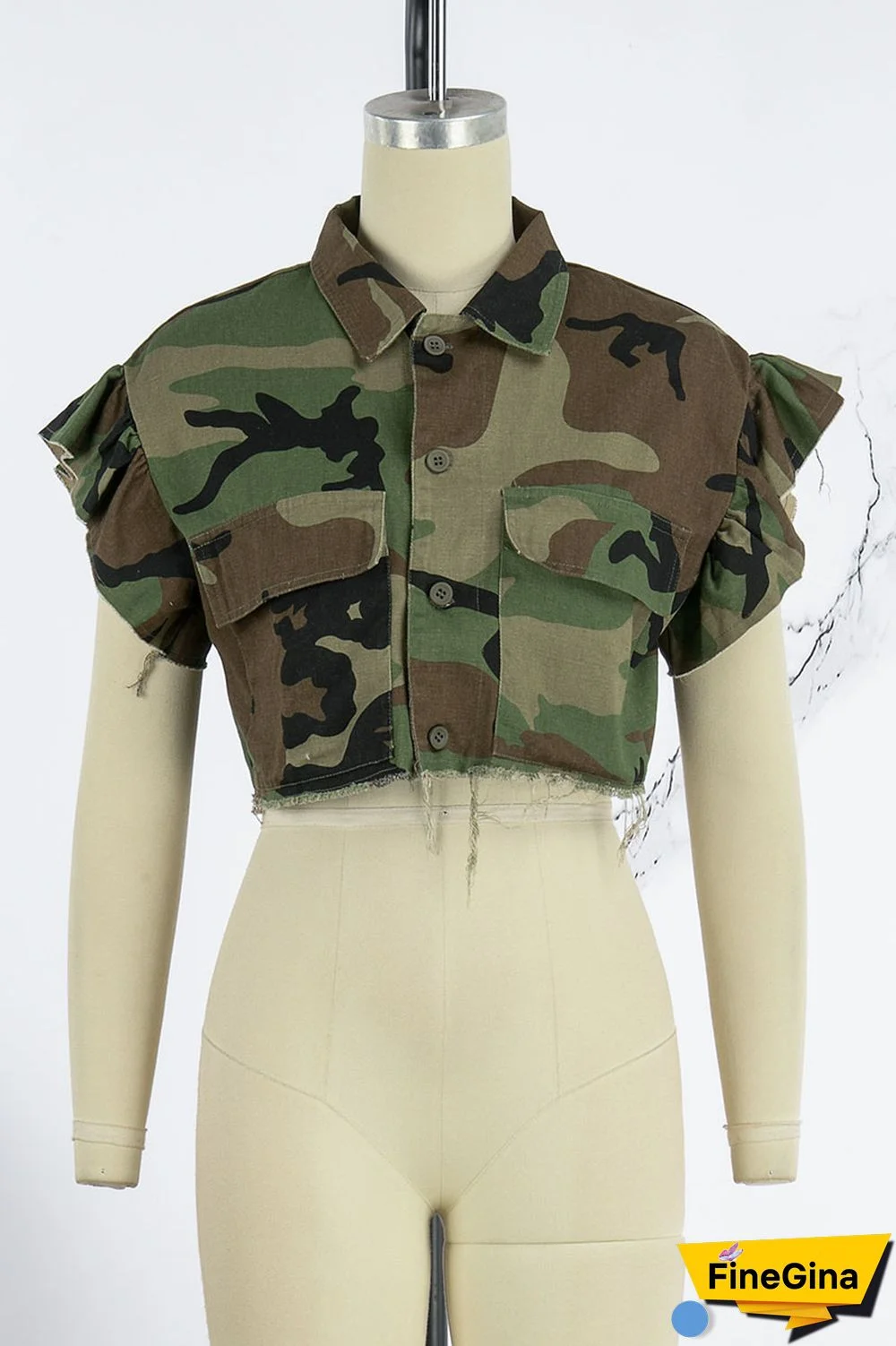 Camouflage Street Camouflage Print Patchwork Buckle Turndown Collar Tops