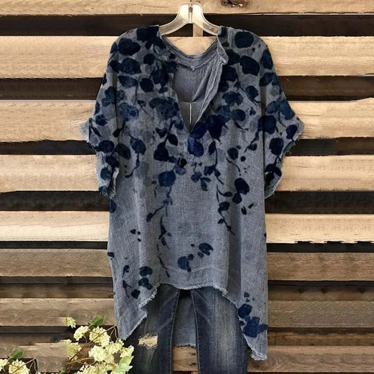 Vintage Floral Pattern V Neck Short Sleeved Shirt