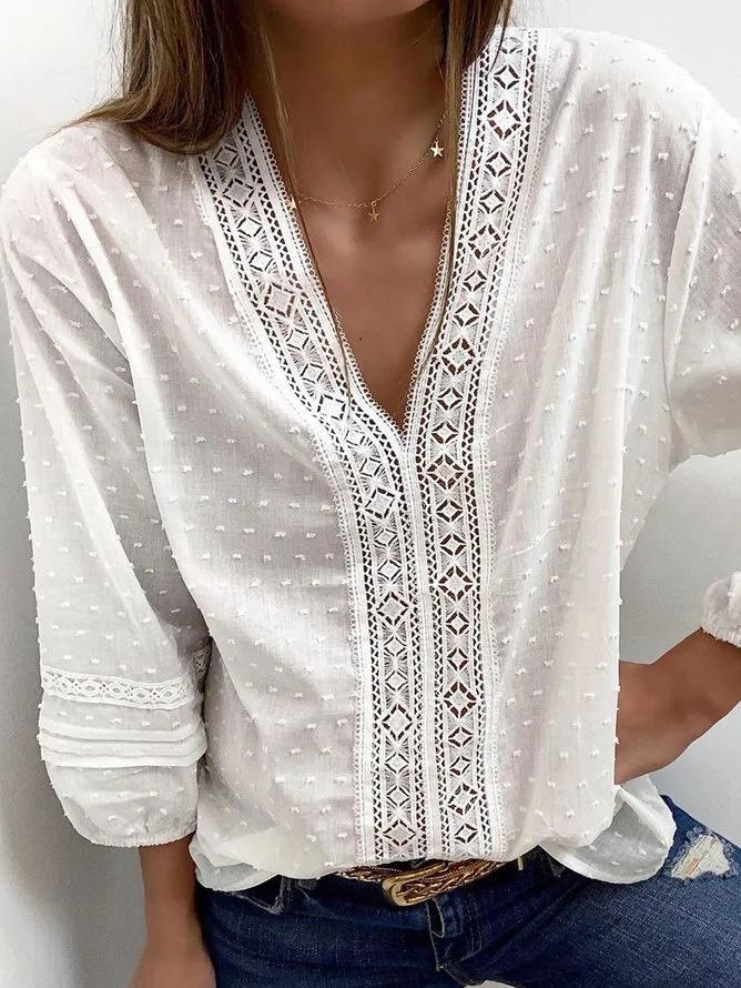 Women V-Neck 3/4 Sleeves Casual Blouses