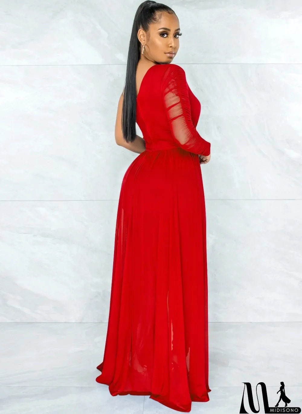 MidiSono - Women Summer Red Romantic Slash Neck Full Sleeves Solid Mesh Ripped Full Length Regular Jumpsuit