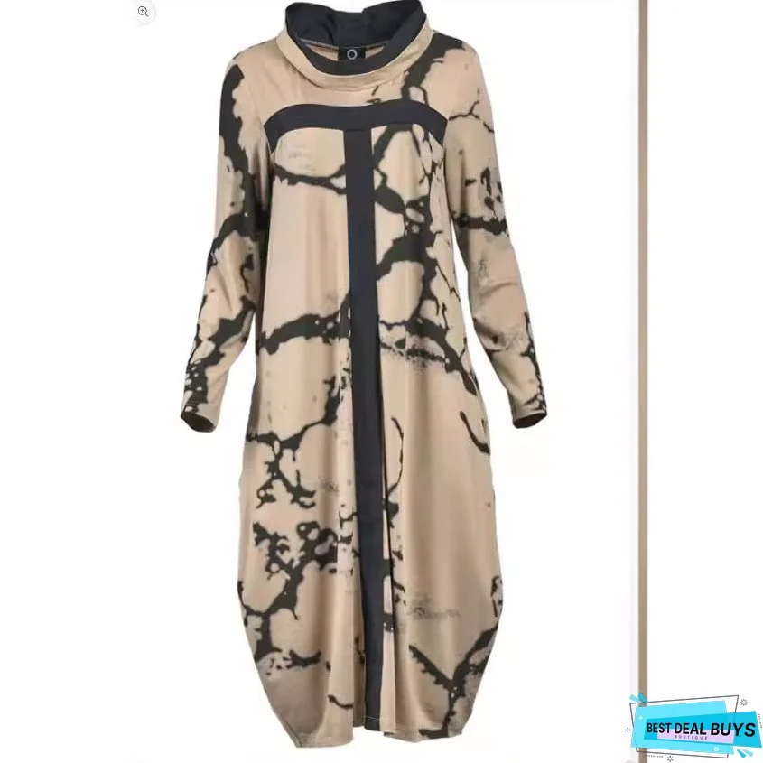 Fashion Multicolor Printing Stand Collar Long Dresses