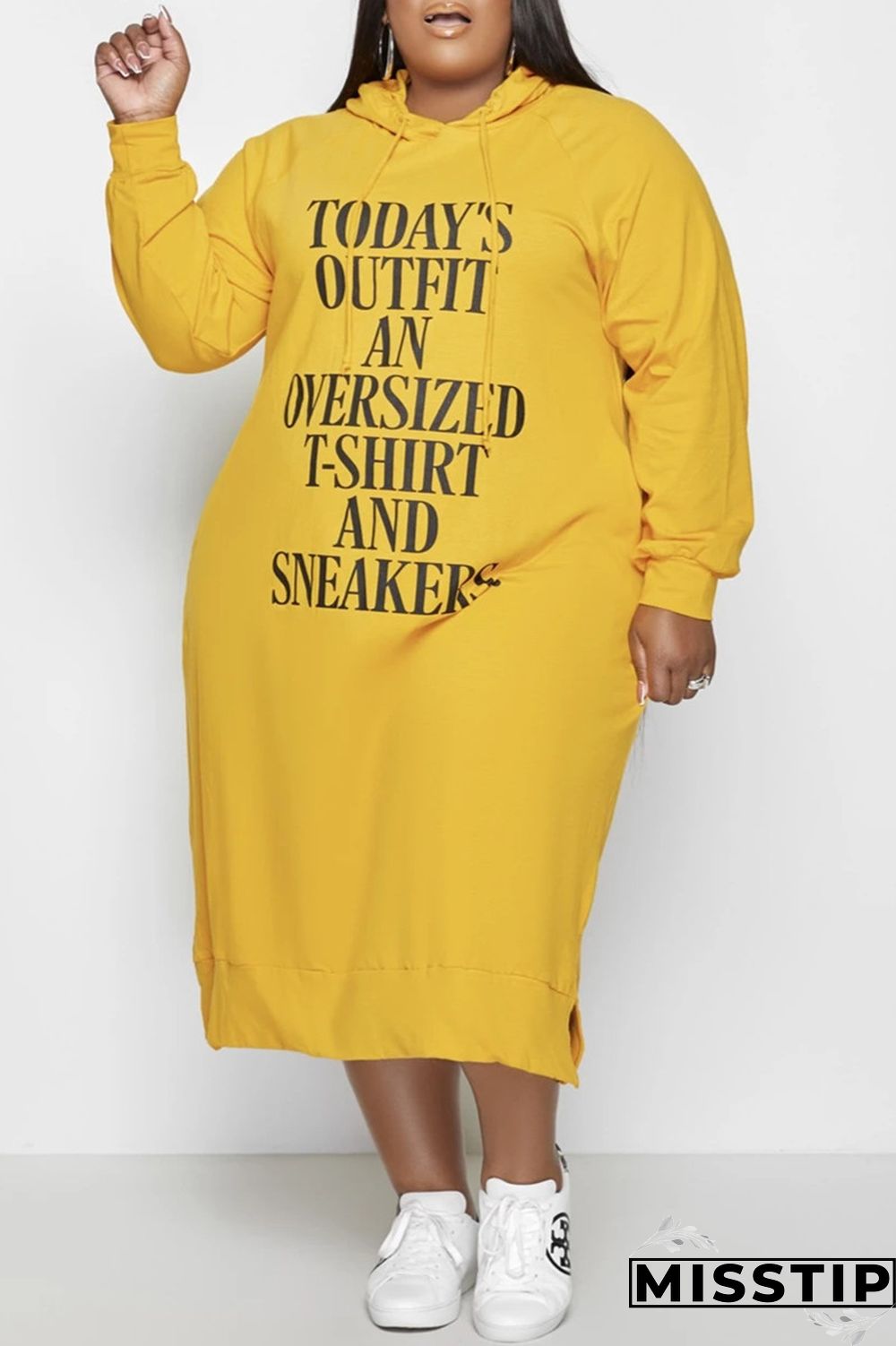 Tangerine Red Fashion Casual Letter Print Basic Hooded Collar Long Sleeve Plus Size Dresses