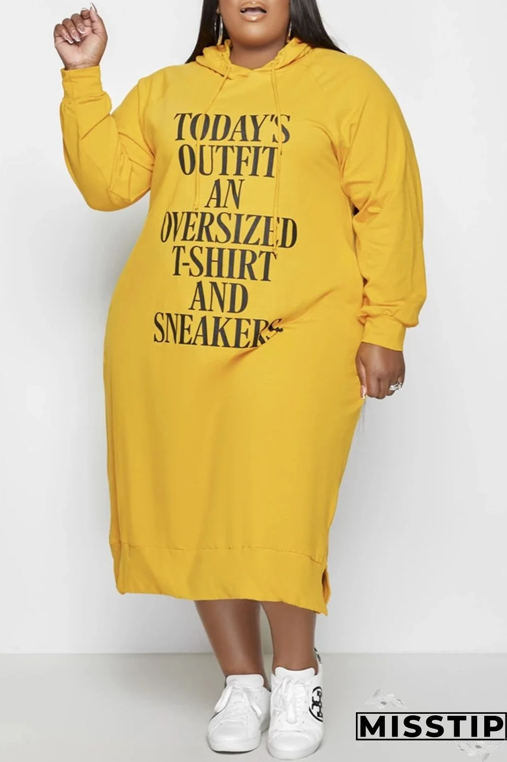 Tangerine Red Fashion Casual Letter Print Basic Hooded Collar Long Sleeve Plus Size Dresses