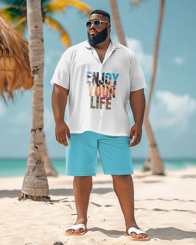 Men's Plus Size Simple Hawaiian Alphabet Print Shirt Shorts Suit