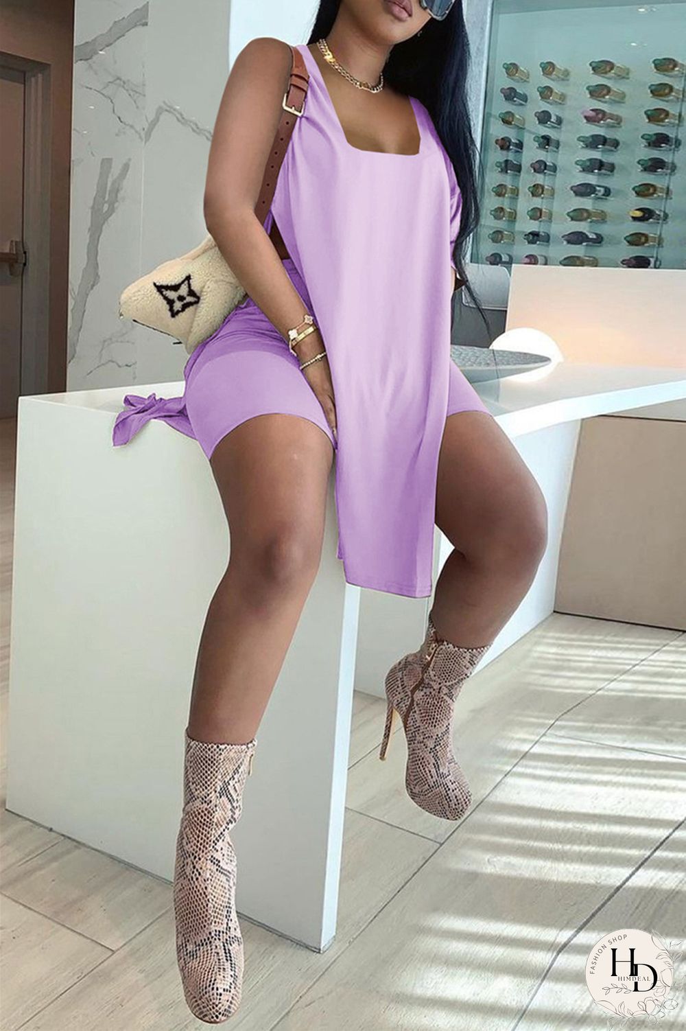 Rose Red Fashion Casual Solid Slit U Neck Sleeveless Two Pieces