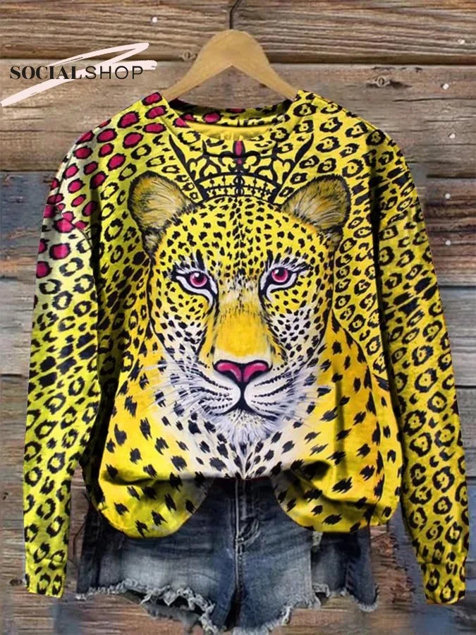 Women's Leopard Print Long Sleeve Crewneck Sweatshirt socialshop