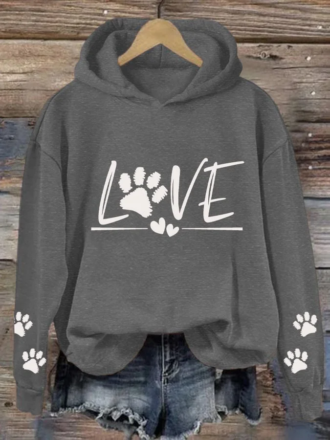 Women's Love Dog Paw Print Hooded Sweatshirt socialshop