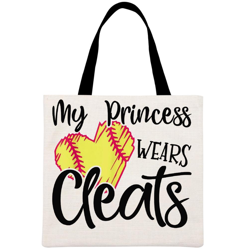 My Princess Wears Cleats Softball Large Capacity Printed Linen Bag