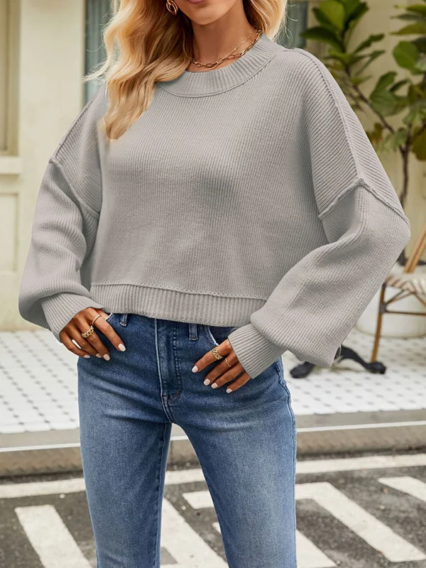 Split-Side Split-Joint Solid Color Long Sleeves High-Low Round-Neck Sweater Tops Pullovers