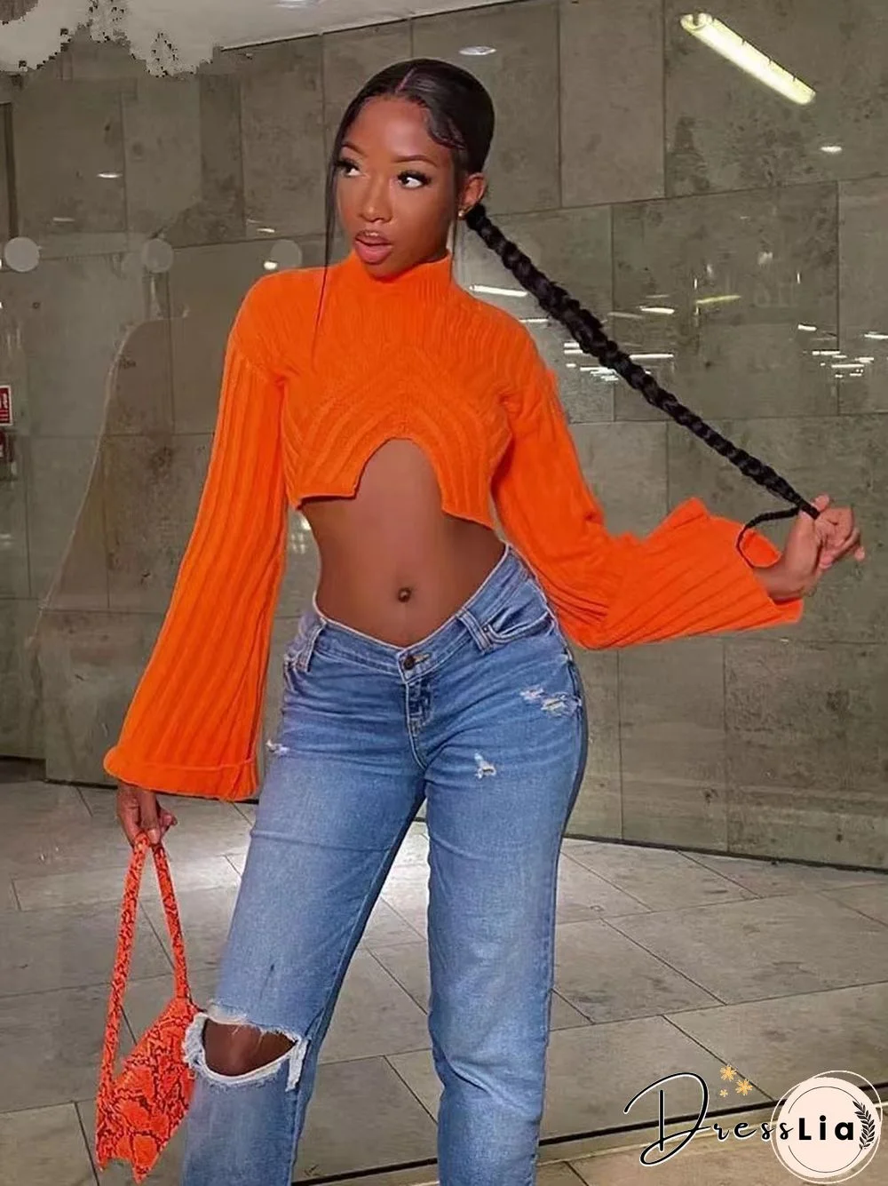 Knitted Turtleneck Flare Sleeve Sweater Crop Tops