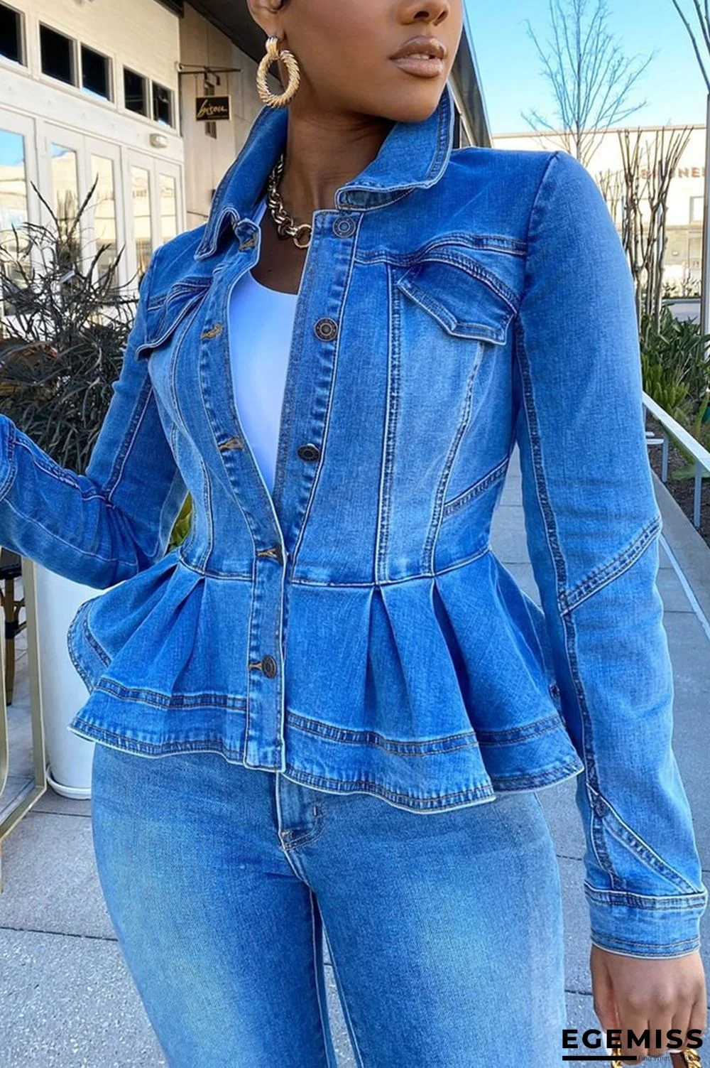 Baby Blue Work Solid Patchwork Turndown Collar Long Sleeve Regular Denim | EGEMISS