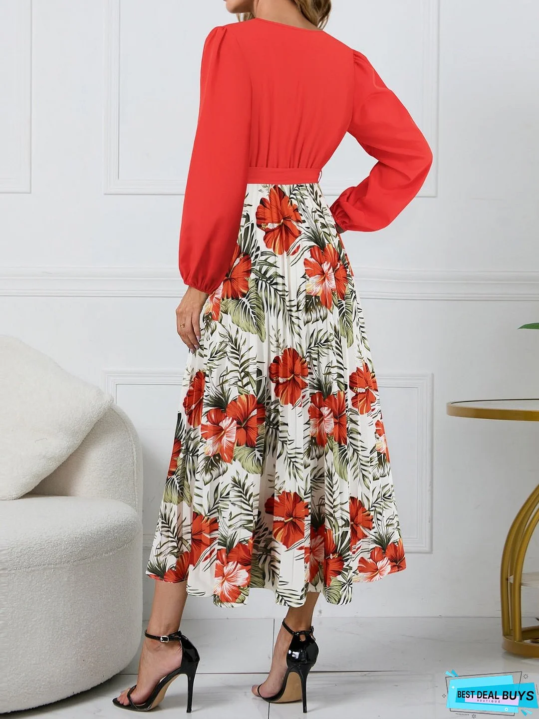 Pleated Printed Surplice Long Sleeve Dress