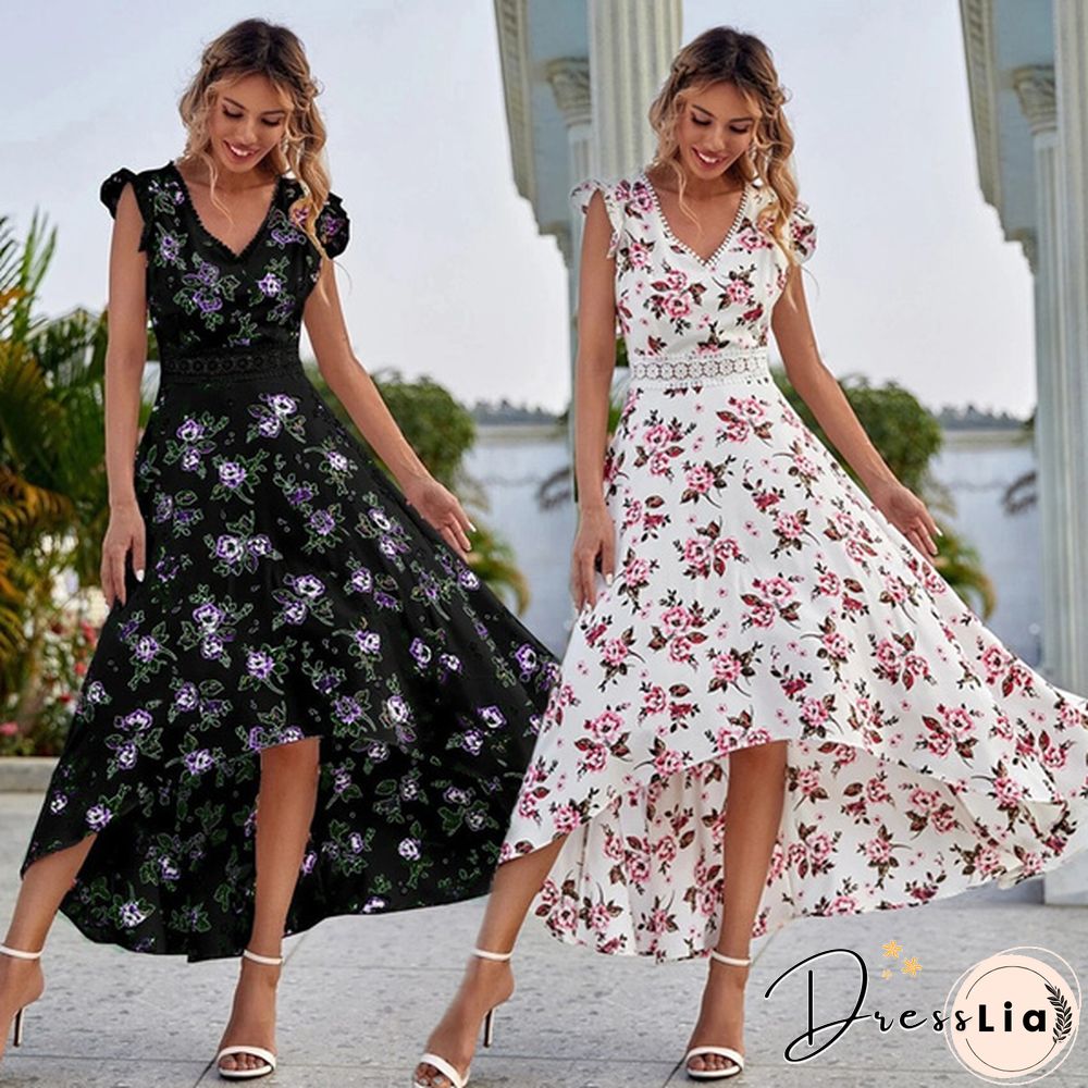 Summer Dresses Women Fashion V-neck Sleeveless Lace Patchwork Floral Print Holiday Long Dress Casual Vestido Party Dress