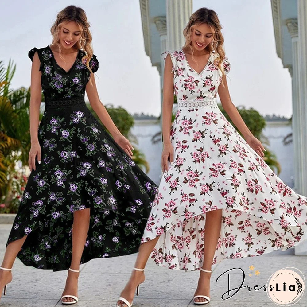 Summer Dresses Women Fashion V-neck Sleeveless Lace Patchwork Floral Print Holiday Long Dress Casual Vestido Party Dress