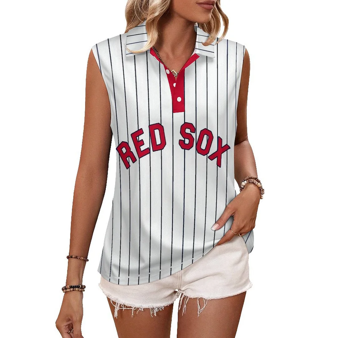 V-neck Sleeveless Casual POLO Shirt Tank Top for Women Printed with Pattern Striped, Blue, Red