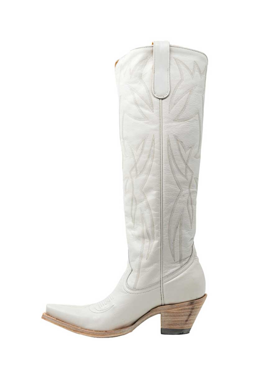 White Snip Toe Chunky Heel Embroidered Knee High Boots for Women