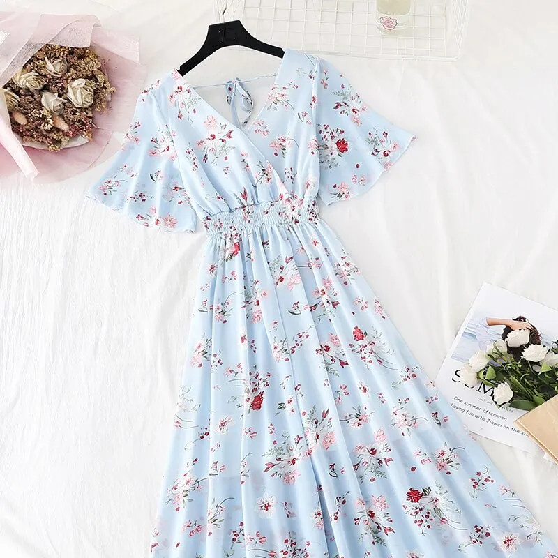 2020 Slim V Neck Summer Midi Long Dress Vestido Party Short sleeve Chiffon dress Women Casual Elegant print A-Line Vestidos