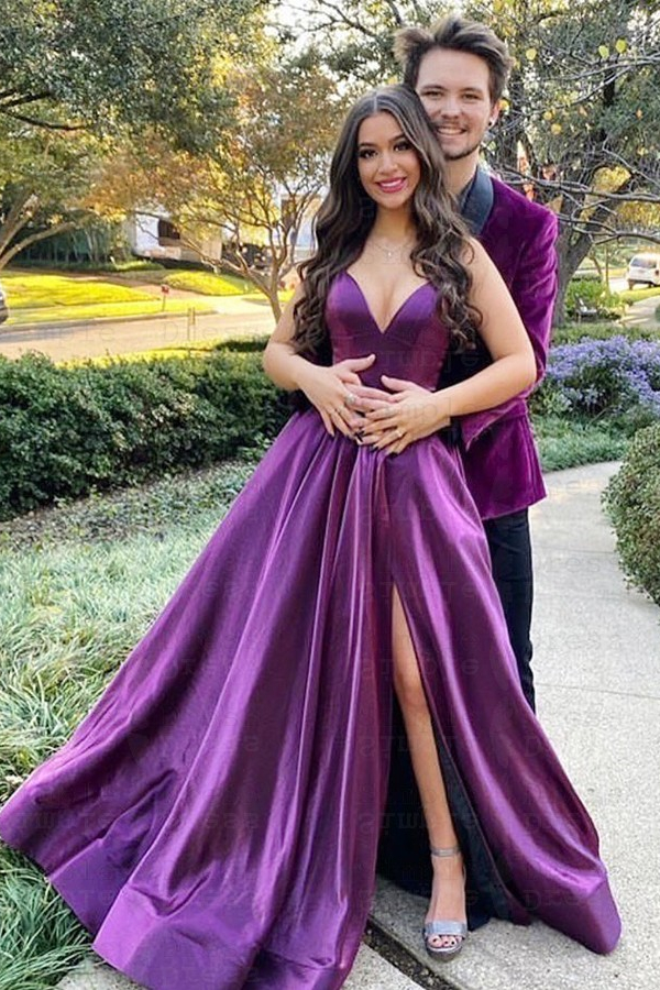 Dresseswow Spaghetti-Straps Purple Prom Dress V-Neck Sleeveless