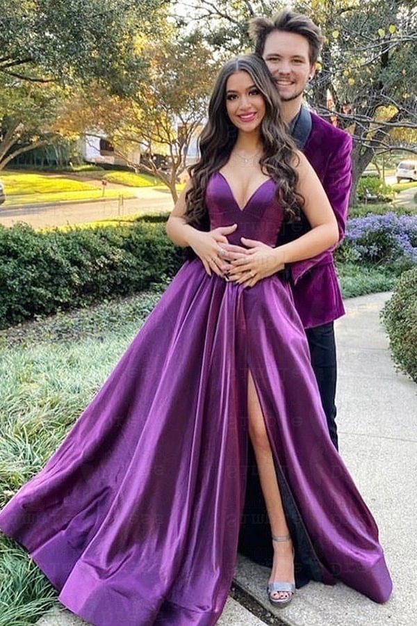 Spaghetti-Straps Purple Prom Dress V-Neck PD0485