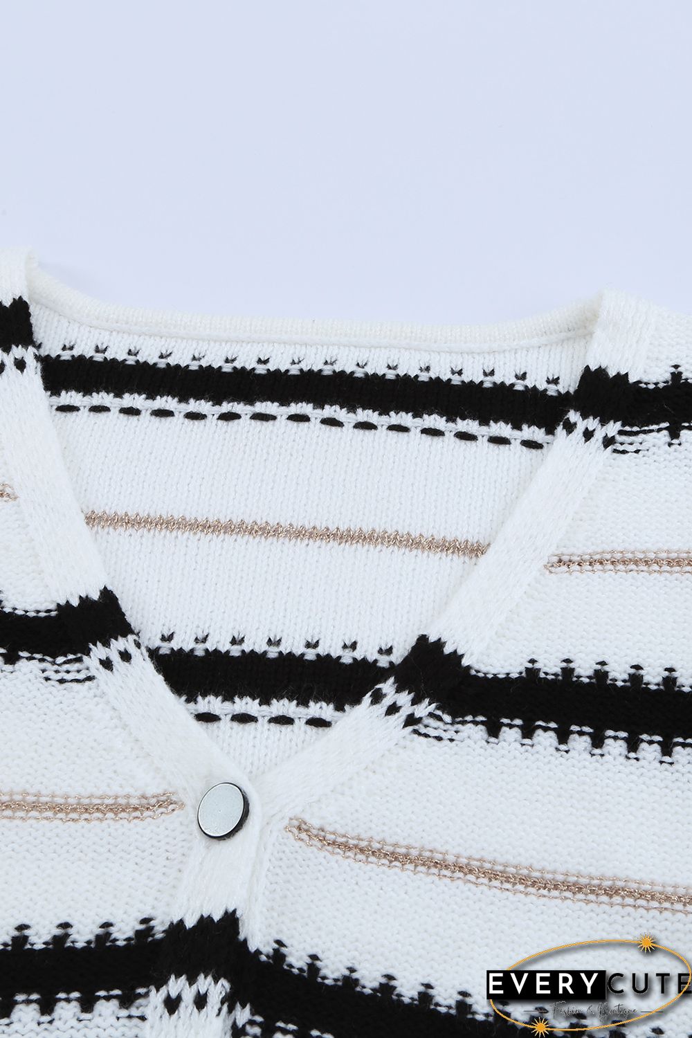White V Neck Stripes Colorblock Button Cardigan
