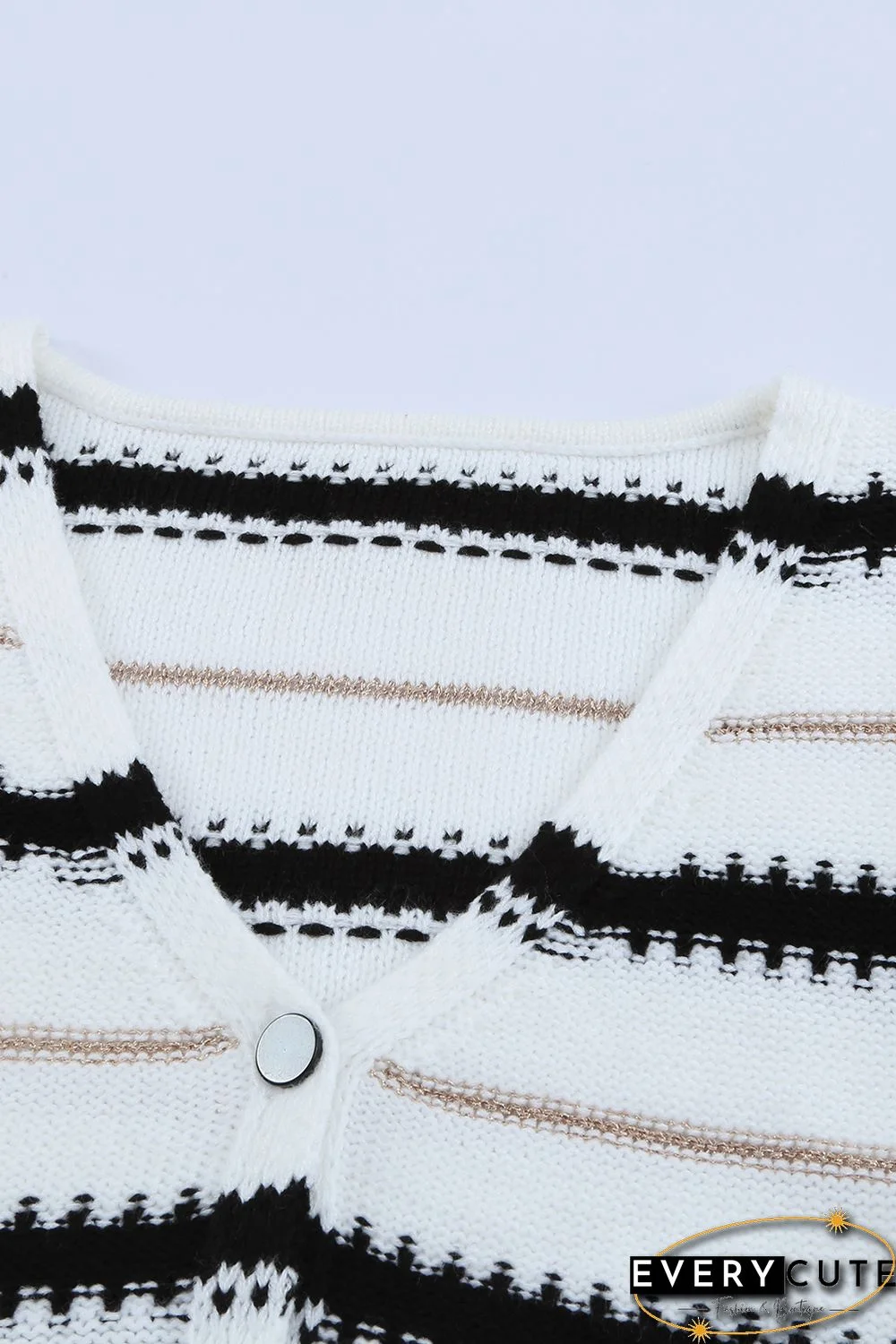 White V Neck Stripes Colorblock Button Cardigan