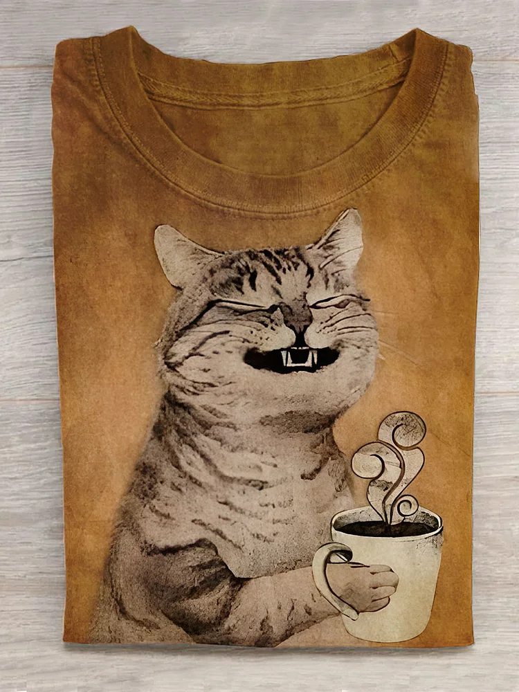 Funny Cute Cat Drinking Coffee Retro Art Print Design T-shirt