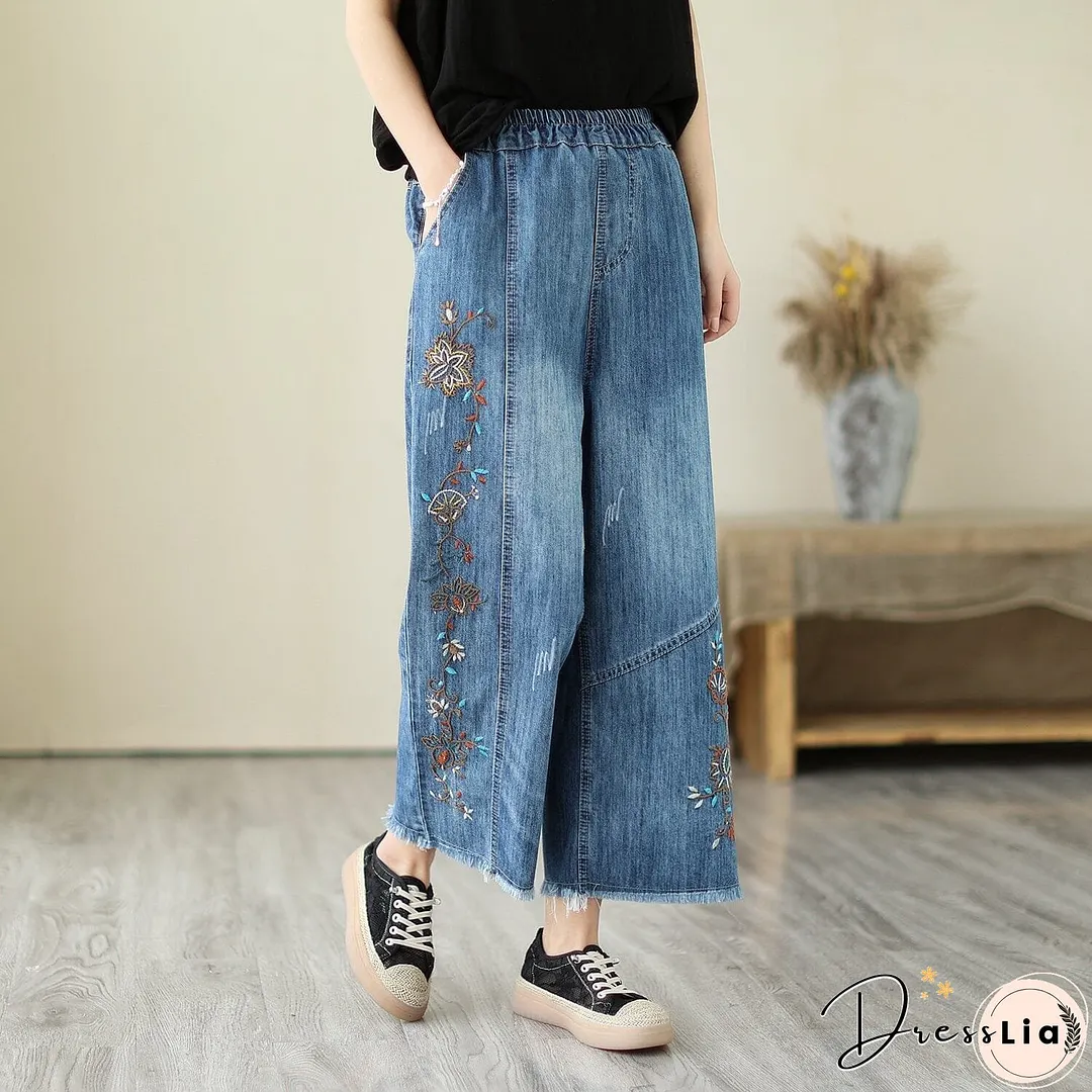 Summer Casual Embroidery Wide Leg Denim Pants