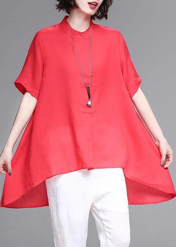Beautiful stand collar asymmetric cotton women red box blouse summer