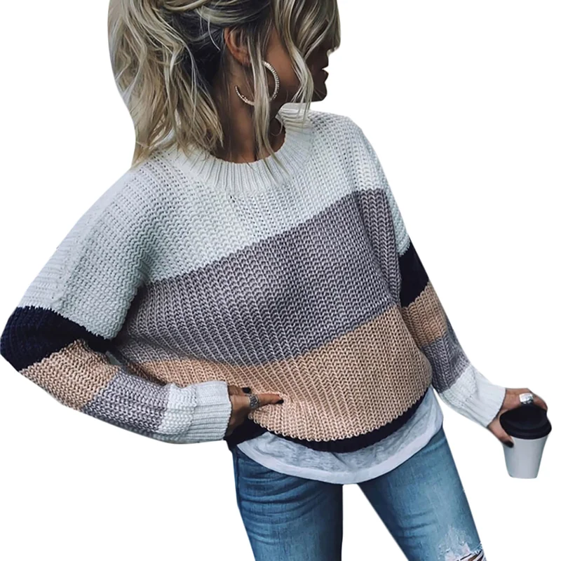 Pink Striped Color Block Loose Style Sweater