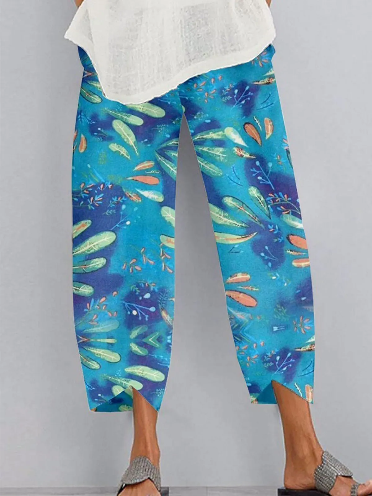 Vintage Geometric Floral Printed Pockets Plus Size Casual Pants