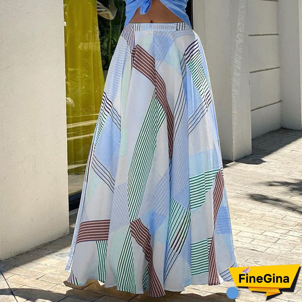 Stylish Women High Waist Maxi Skirt Holiday Summer Casual Loose Stripe Long Skirts