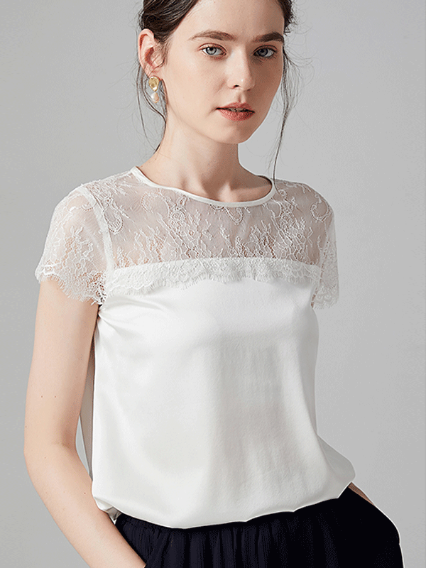 T-shirt élégant en dentelle en soie à col rond丨Taille unie- SOIE PLUS