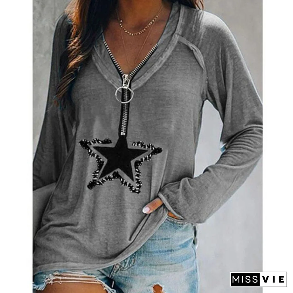 Women's T-shirt Summer Fashion Women's Five-pointed Star Printed Short Sleeve Zipper V-neck Casual T-shirt Loose Plus Size Soft and Comfortable Thin Shirt Top S-3XL