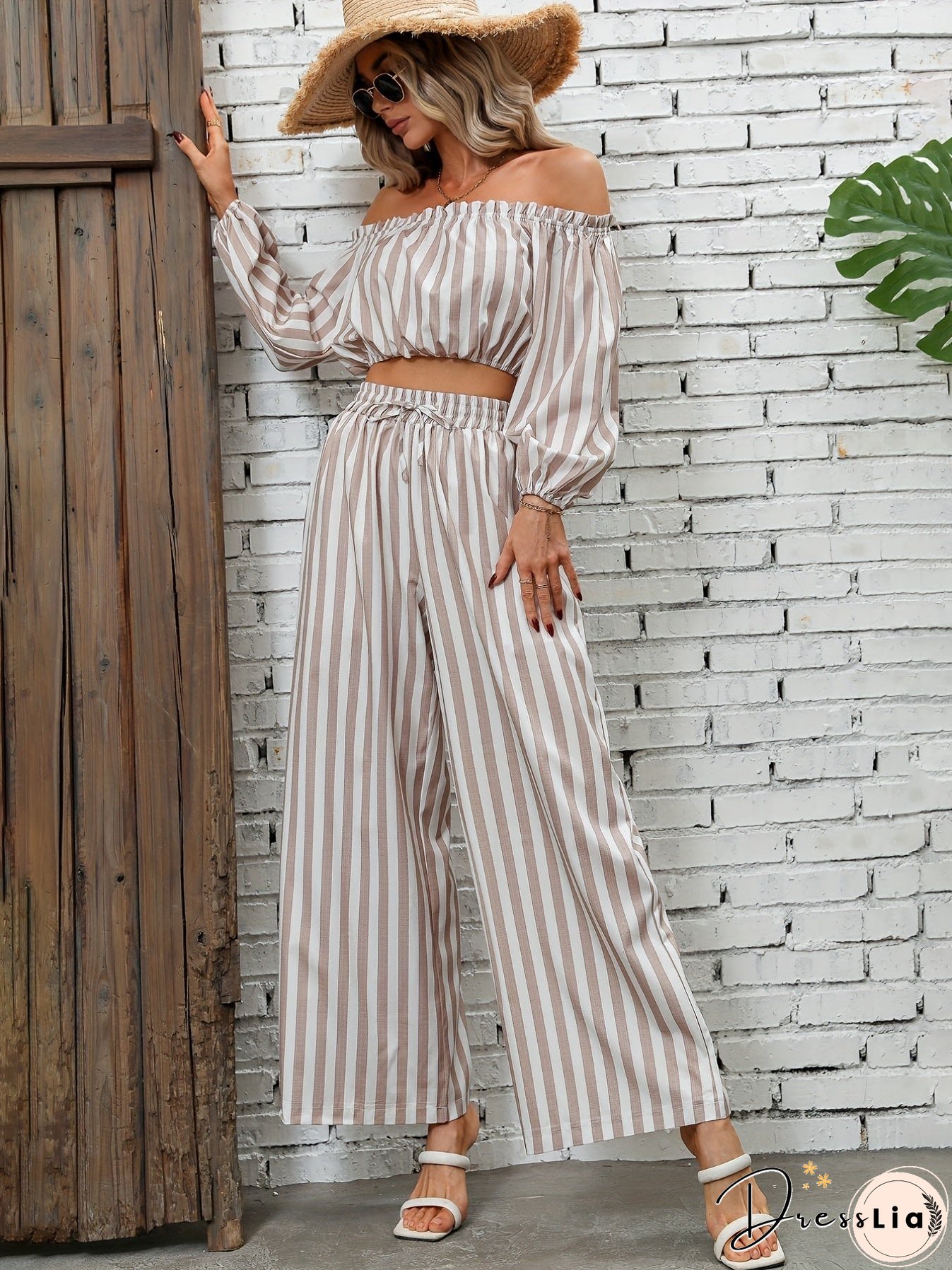 Striped Print Casual Two-piece Set, Off Shoulder Long Sleeve Tops & Wide Leg Drawstring Pants Outfits, Women's Clothing
