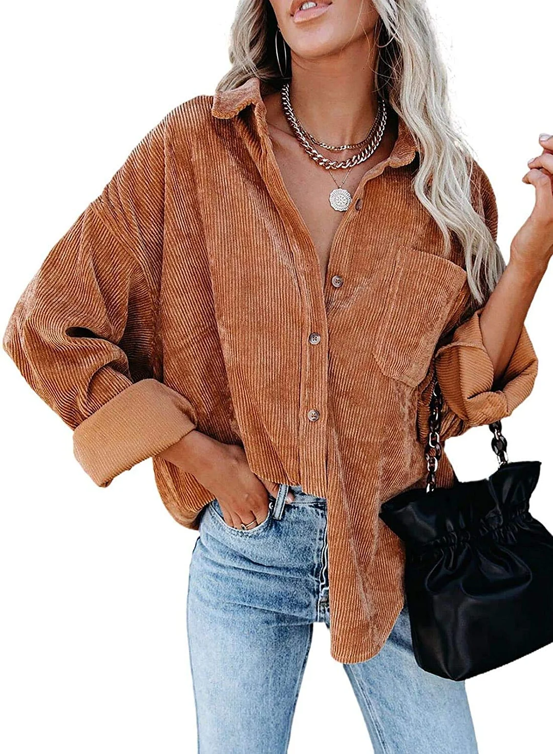 MIHOLL Women Corduroy Long Sleeve Button Down Collared Shirt Jacket Tops