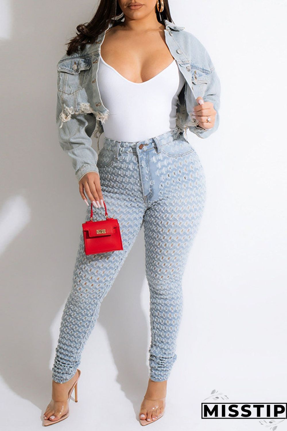 Blue Orange Street Print Make Old Patchwork Buckle Turndown Collar Long Sleeve Straight Denim Jacket