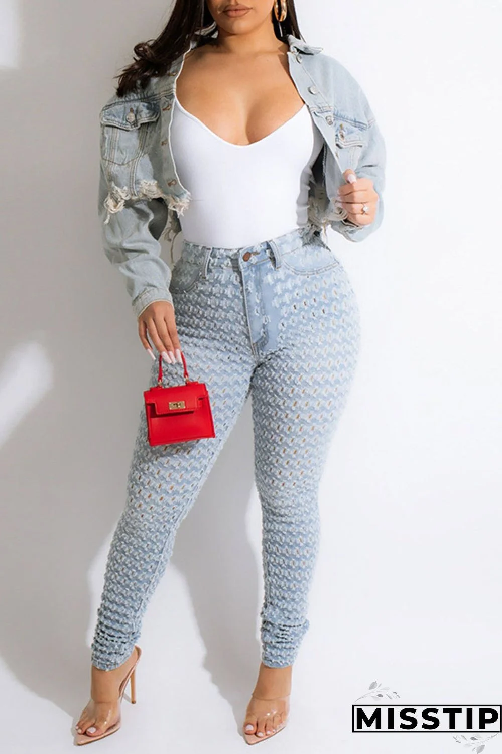 Blue Orange Street Print Make Old Patchwork Buckle Turndown Collar Long Sleeve Straight Denim Jacket