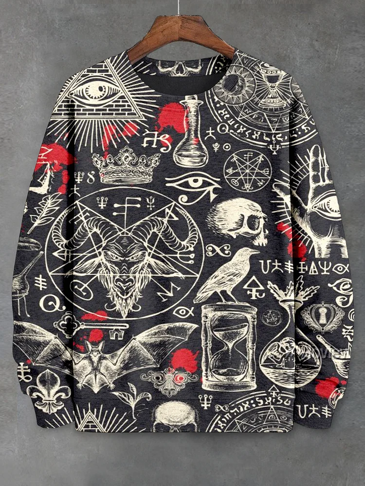 Men's Retro Totem Bat Skull Halloween Illustration Print Casual Sweatshirt