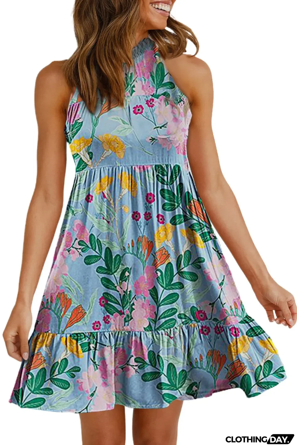 Sky Blue Floral Print Ruffled Lace-up Mock Neck Mini Dress