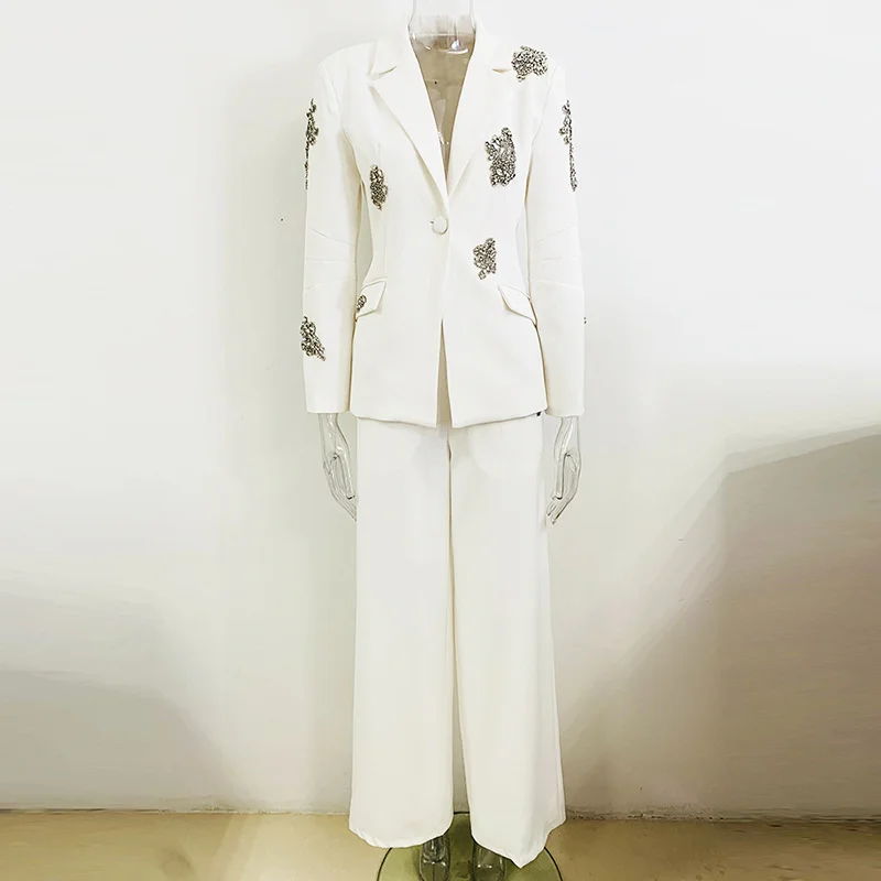 Nigikala Nigikala Fashion New Heavy Industry Nails Diamond A Buckle Suit Jacket Wide Leg Trousers Set Two