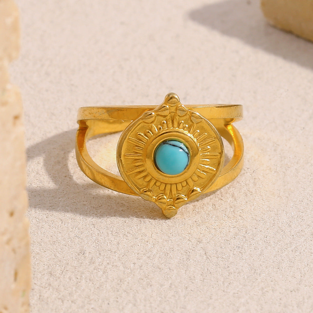 High-End Retro Palace Style Hand Jewelry Stainless Steel Plated 18K Gold Blue Turquoise Sun Open Ring