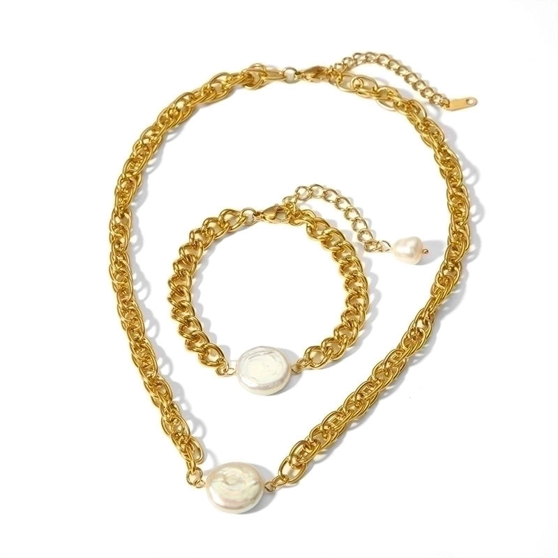 201 Stainless Steel Freshwater Pearl 18K Gold Plated Elegant Lady Plating Round Bracelets Necklace