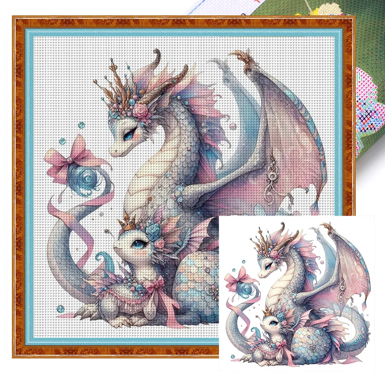 【Huacan Brand】Mother And Son-Silver Dragon 16CT Stamped Cross Stitch 40*40CM