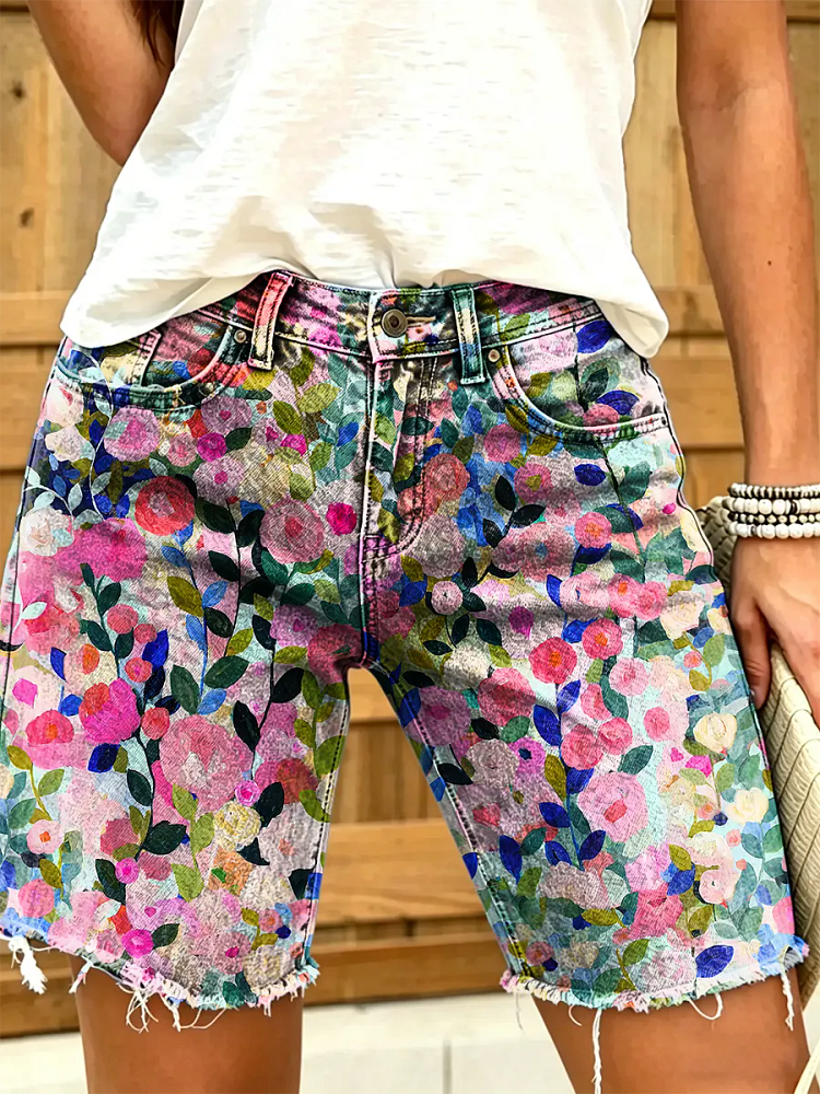 Ethnic Bohemia Flower Women's Art Print Casual Denim Shorts