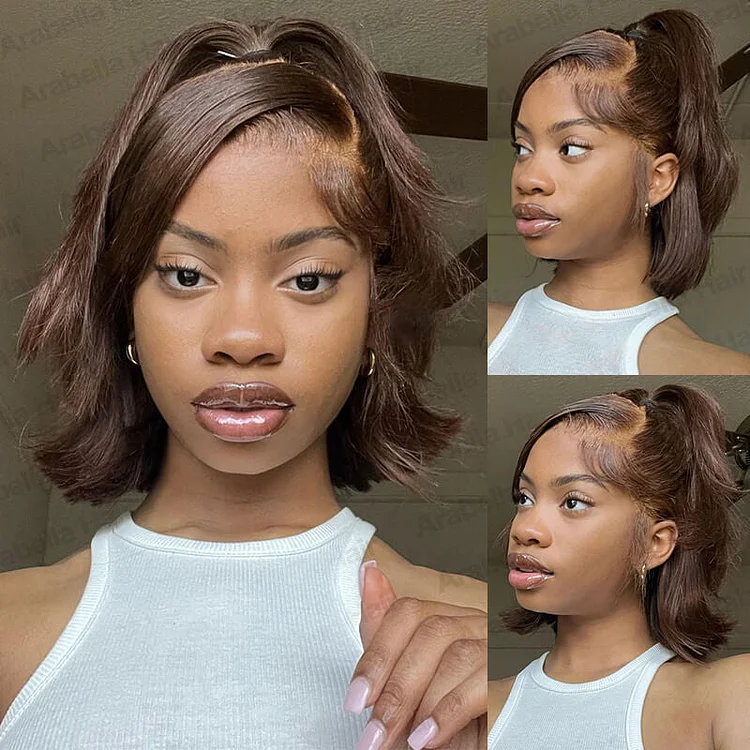 #4 Chestnut Brown Colored Short Bob 13x4 Lace Front Straight Wigs Human Hair with Free Part