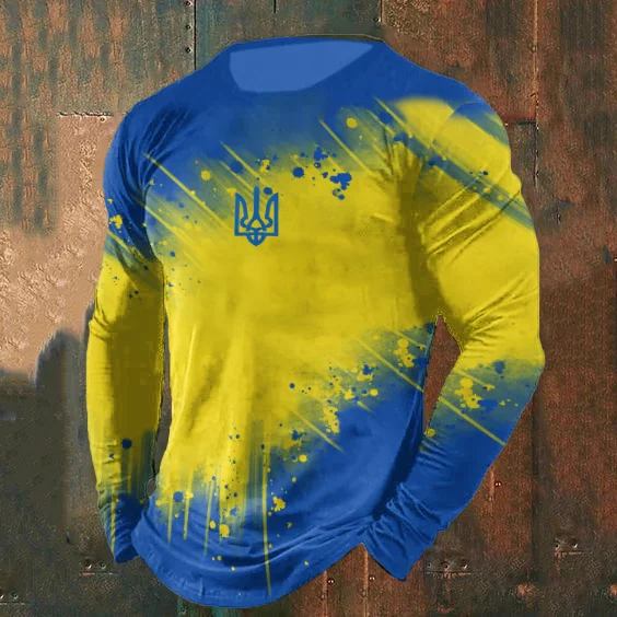 Simpfit Langärmliges T-Shirt mit kontrastierendem Aufdruck der ukrainischen Dreizack-Flagge für Herren