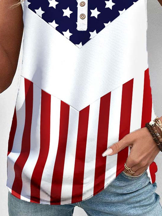 Women Sleeveless Scoop Neck Striped Star Printed Graphic Button Tops