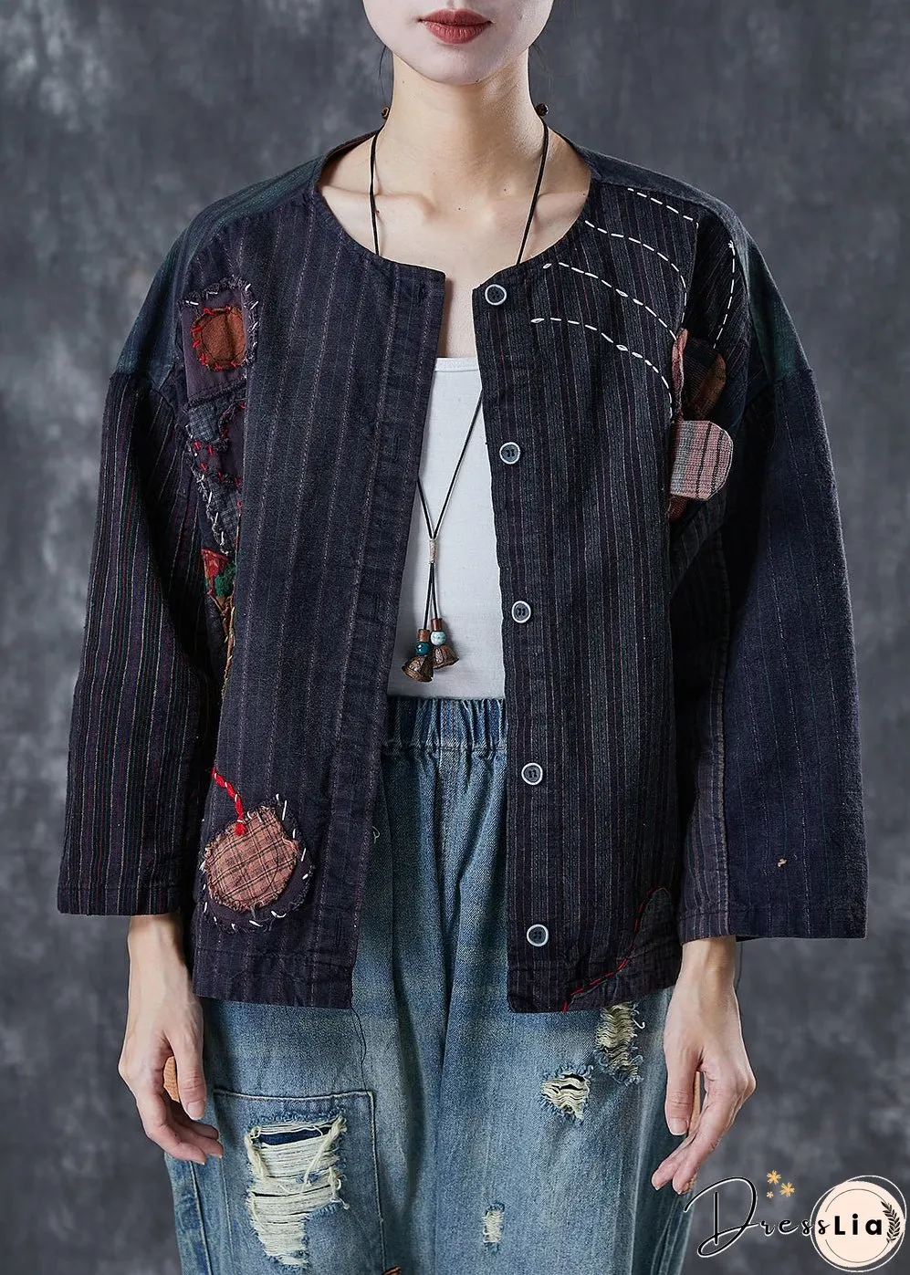 Vintage Black Oversized Patchwork Applique Cotton Coat Outwear Spring