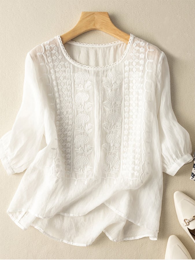Medium Sleeved Ramie Embroidered Loose Vintage Cotton And Linen Top